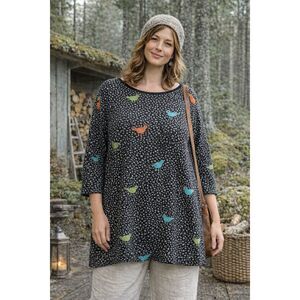 Gudrun Sjödén Bird Print Knit Sweater XL Black Nordic Folk Art Tunic Top